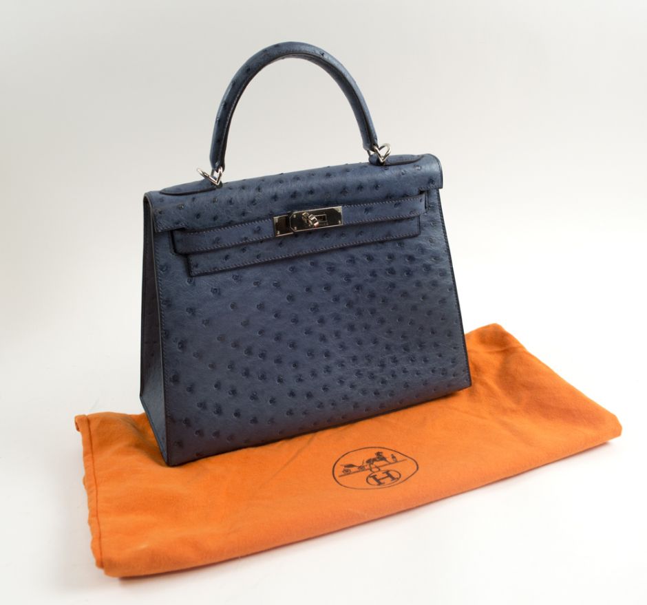 Hermès Blue Ostrich Kelly Handbag - Sold for £5500