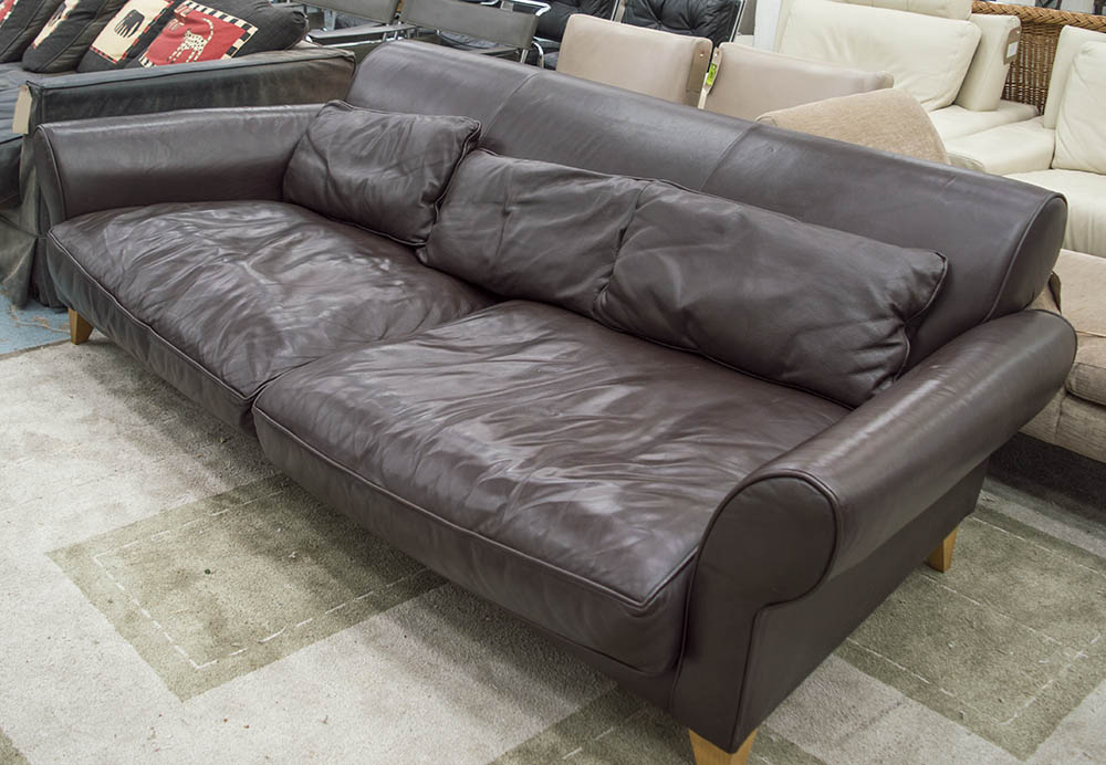 CONRAN SOFA, dark tan soft leather with cushion and square tapering supports, model content, 76cm H x 251cm W x 112cm D.