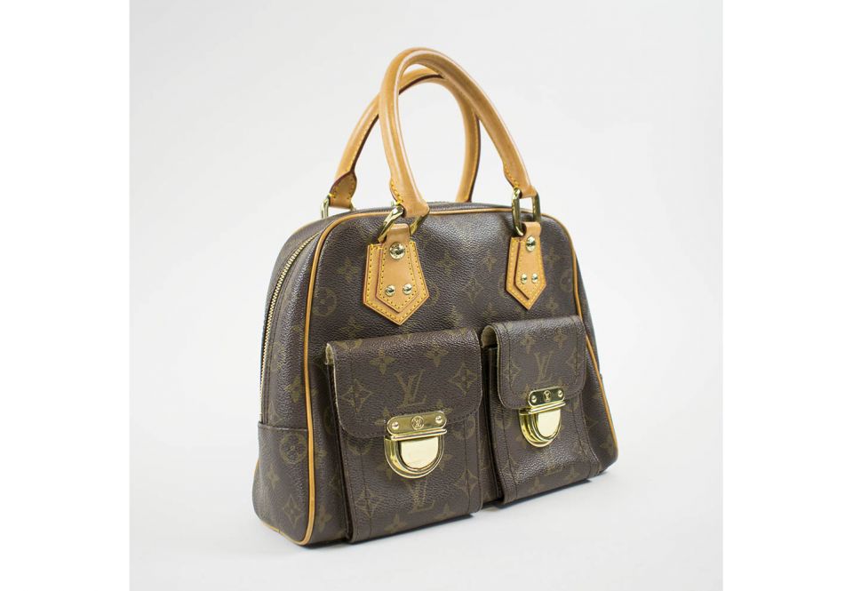 LOUIS VUITTON MANHATTAN PM BAG, monogram leather with leather handles and  beige alcantara lining, two pockets with push lock closures gold tone  hardware, double zip closure, 29cm x 10cm x 23cm with