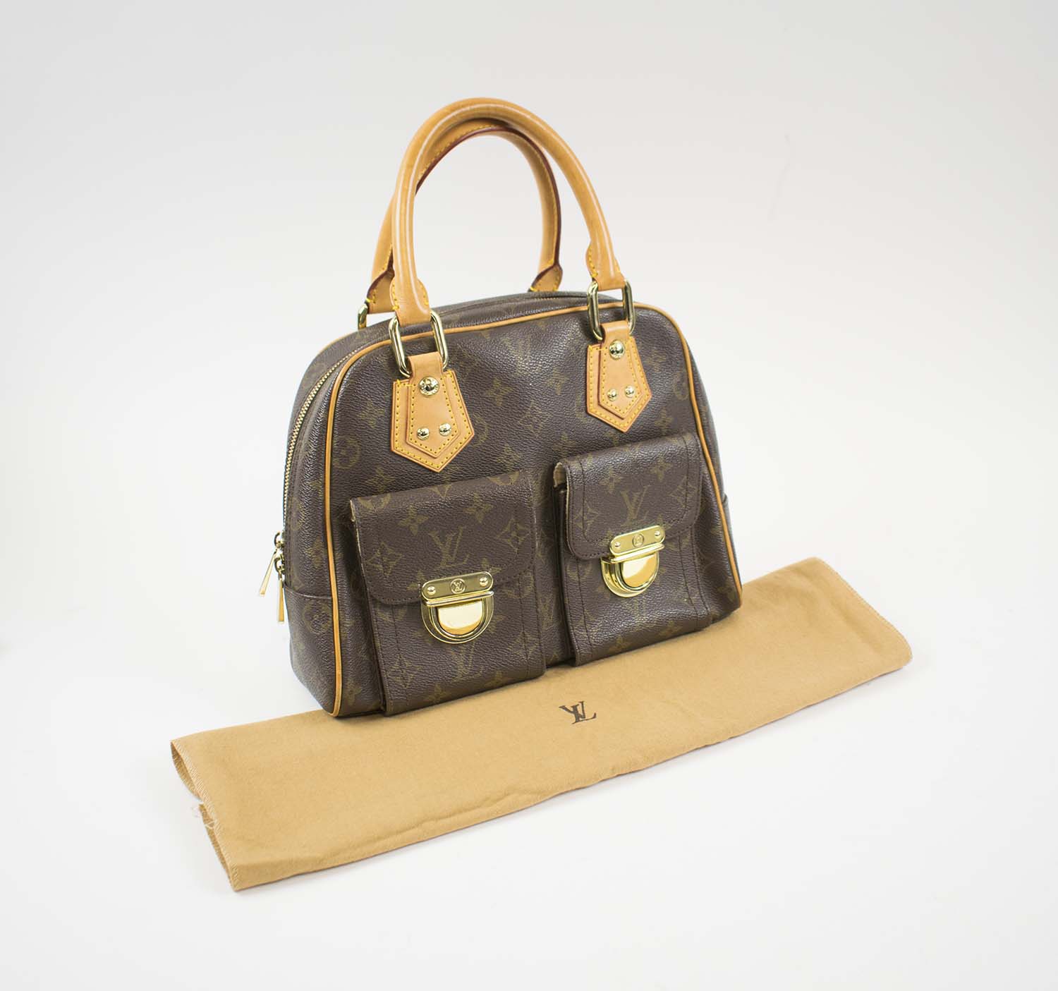 LOUIS VUITTON MANHATTAN PM BAG, monogram with leather handles and trims, beige alcantara lining ...