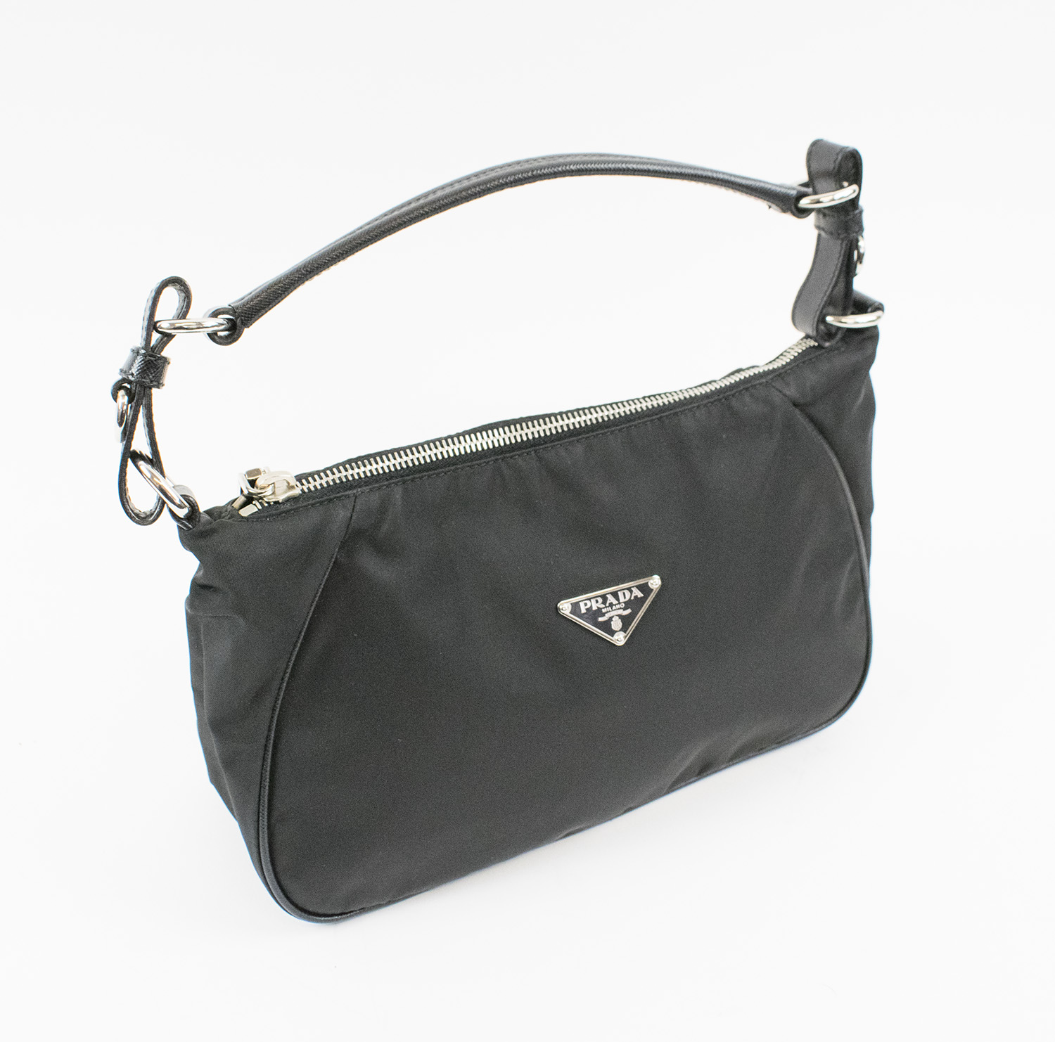 PRADA BLACK NYLON SHOULDER BAG, with leather trims and single handle ...