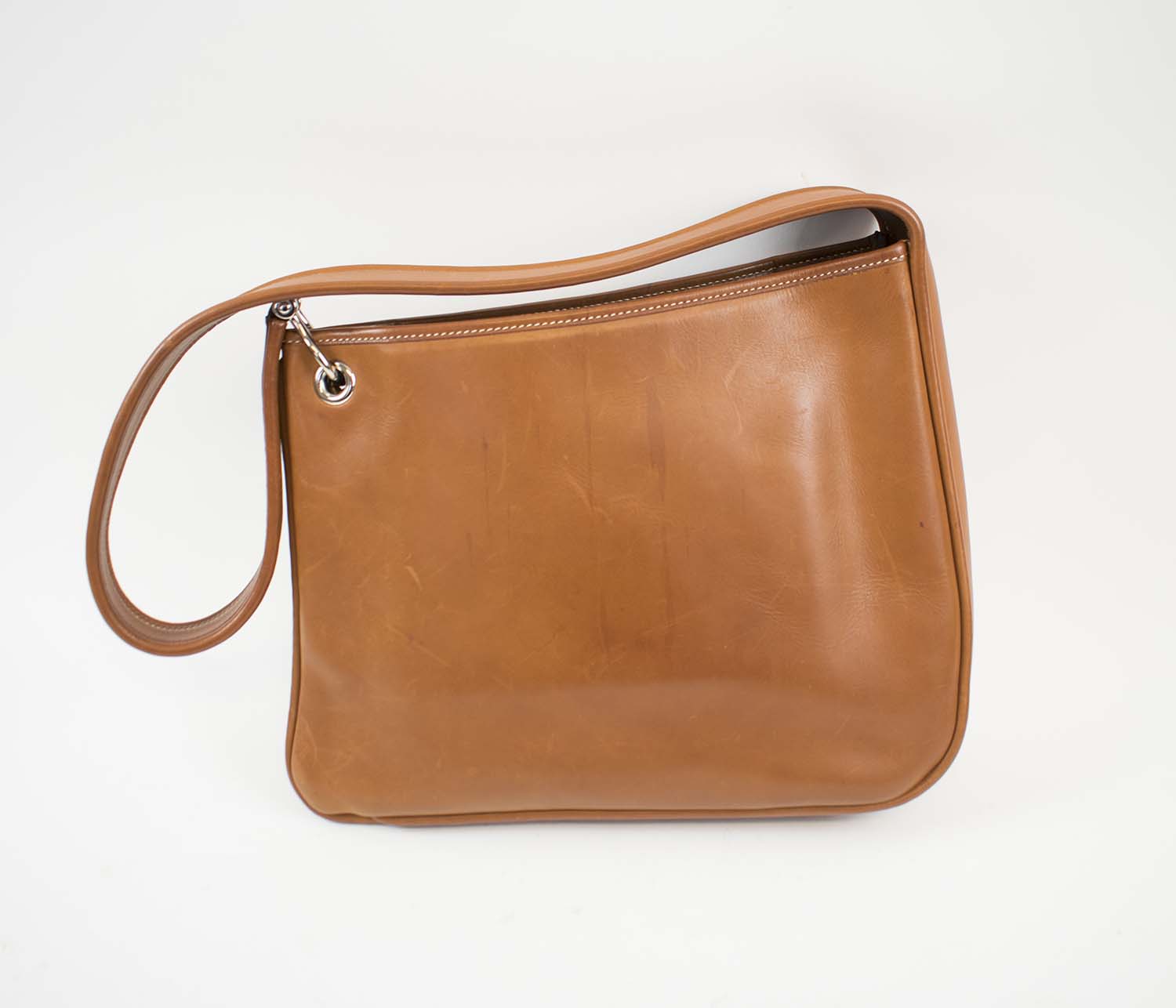 HERMÈS SATCHEL BAG, brown leather with white stitching, silver tone ...