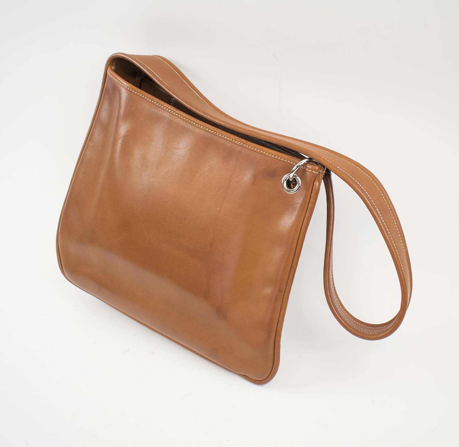 HERMÈS SATCHEL BAG, brown leather with white stitching, silver tone ...