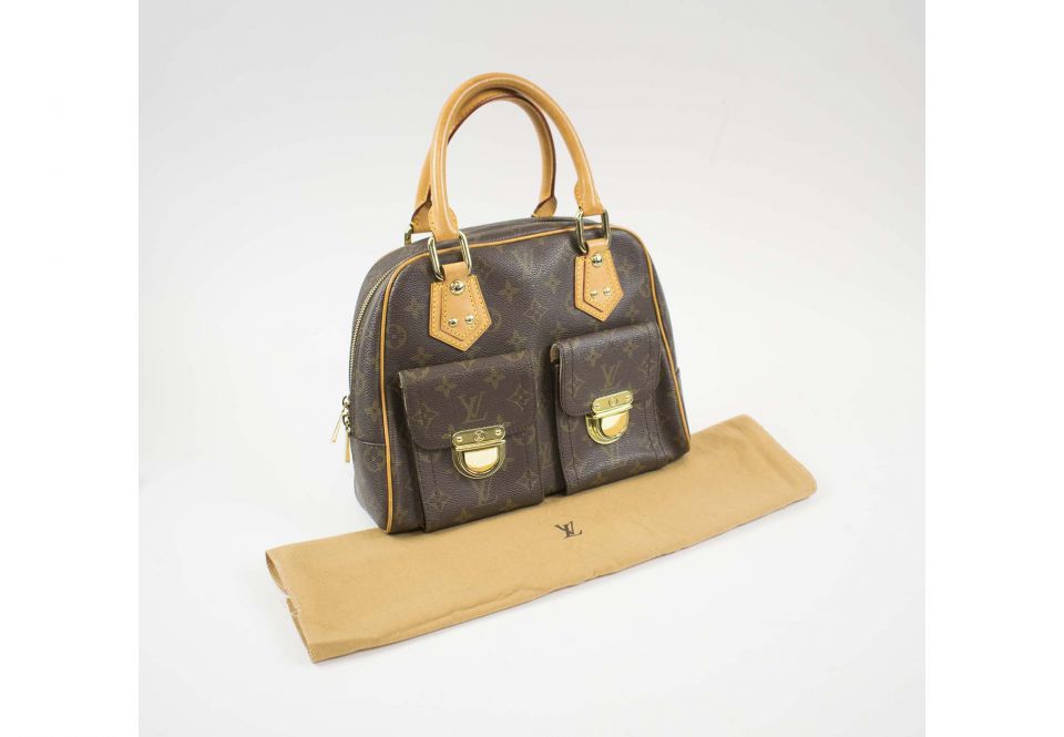 LOUIS VUITTON MANHATTAN PM BAG, monogram with leather handles and trims, beige alcantara lining ...
