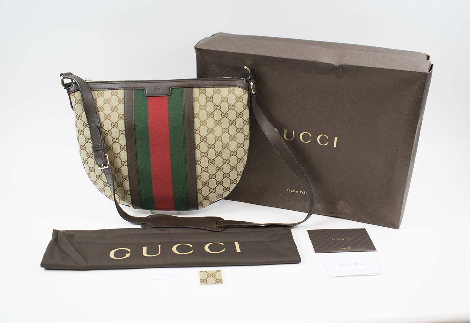 Gucci Monogram Web Medium Double Pocket Messenger Bag Dark Brown