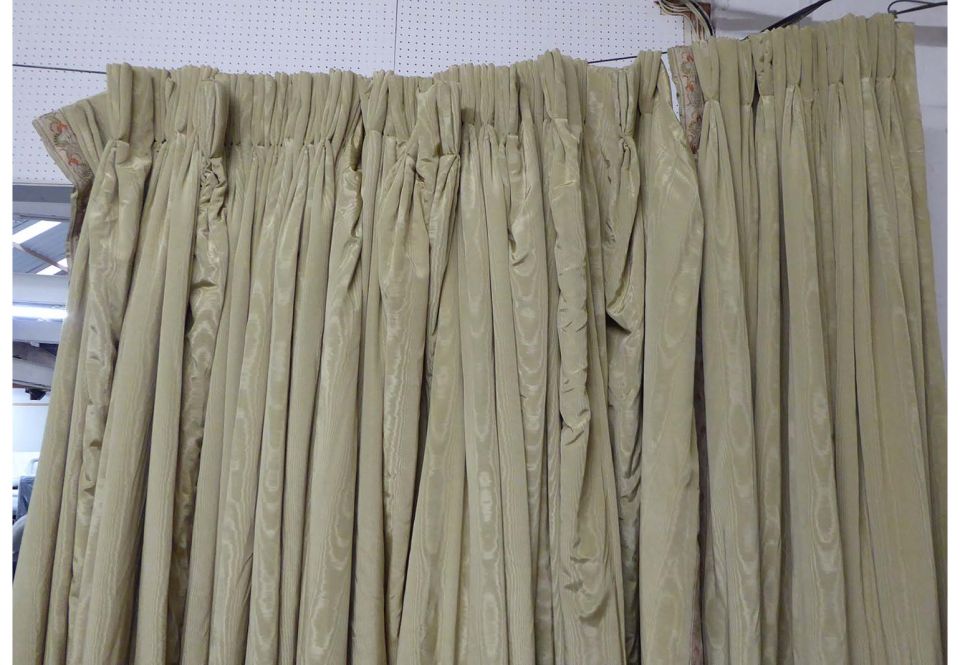 CURTAINS, in green silk moire, lined and interlined, with applied woven ...