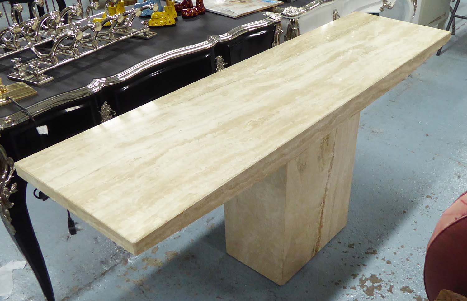 TRAVERTINE CONSOLE TABLE, on a square central support