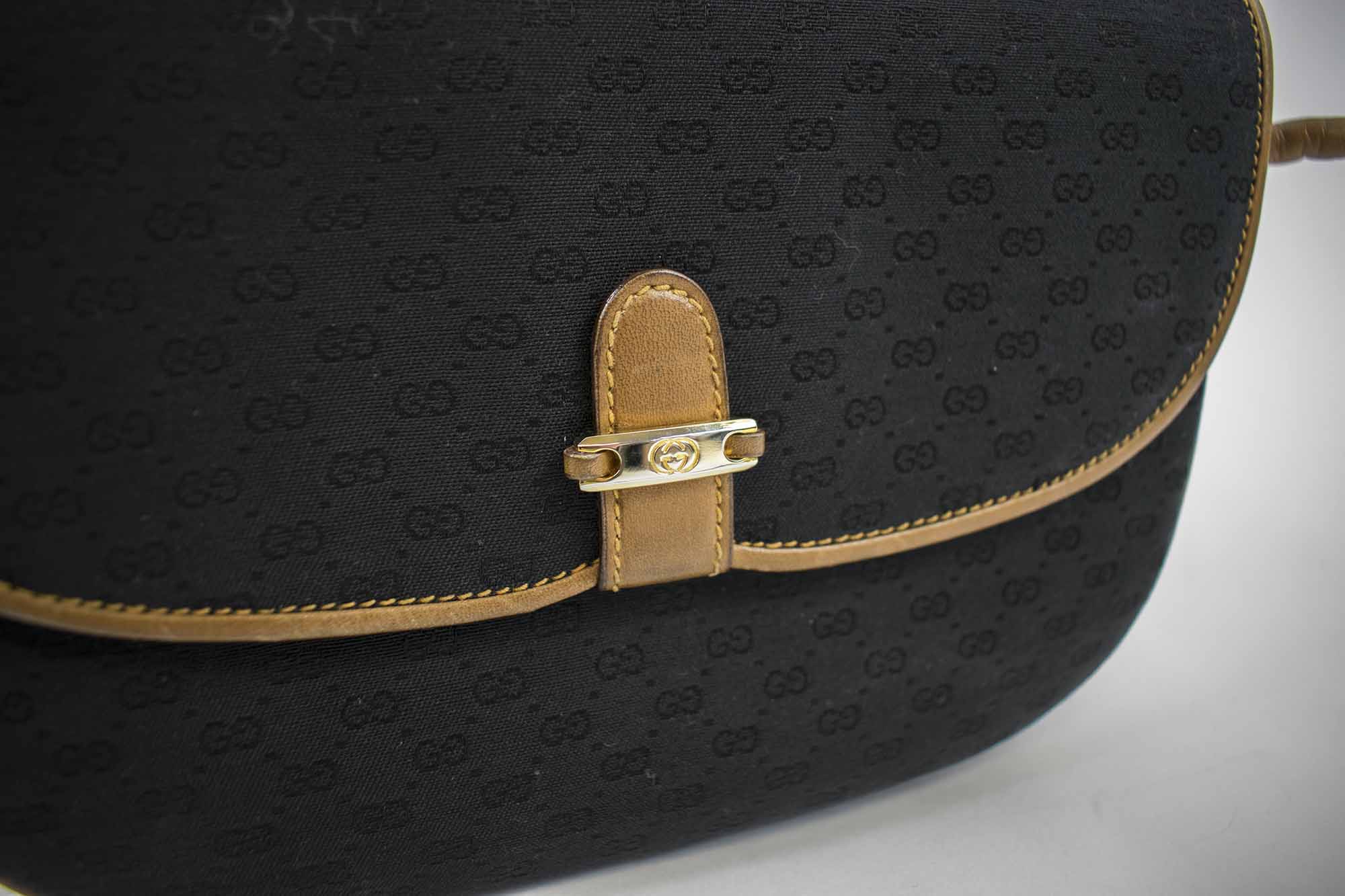 GUCCI VINTAGE CROSSBODY/SHOULDER BAG, black monogram fabric with