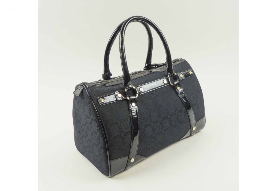 GIANNI VERSACE HANDBAG, black fabric with patent leather trims and