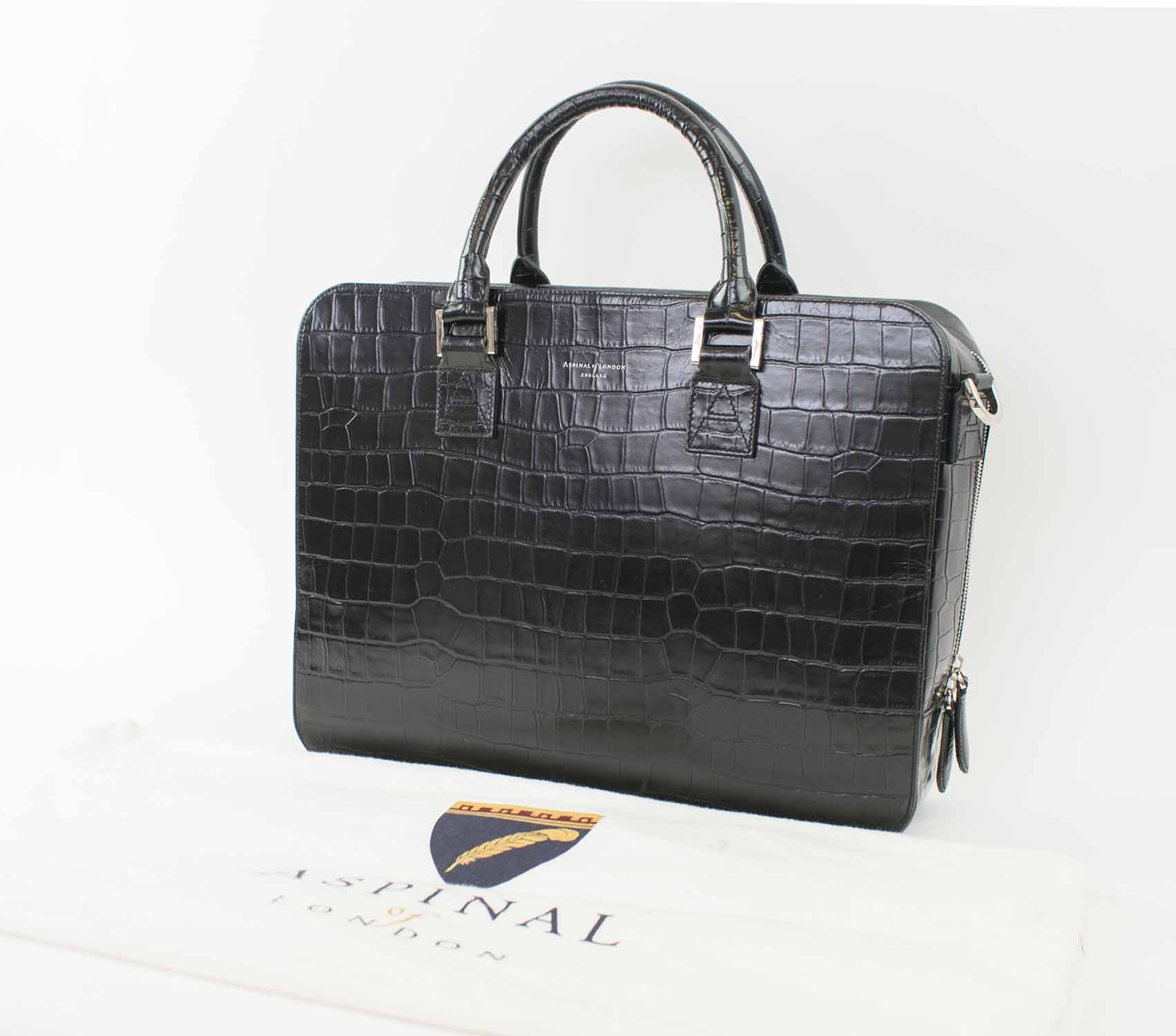 ASPINAL OF LONDON BRIEFCASE, faux crocodile black leather with fabric