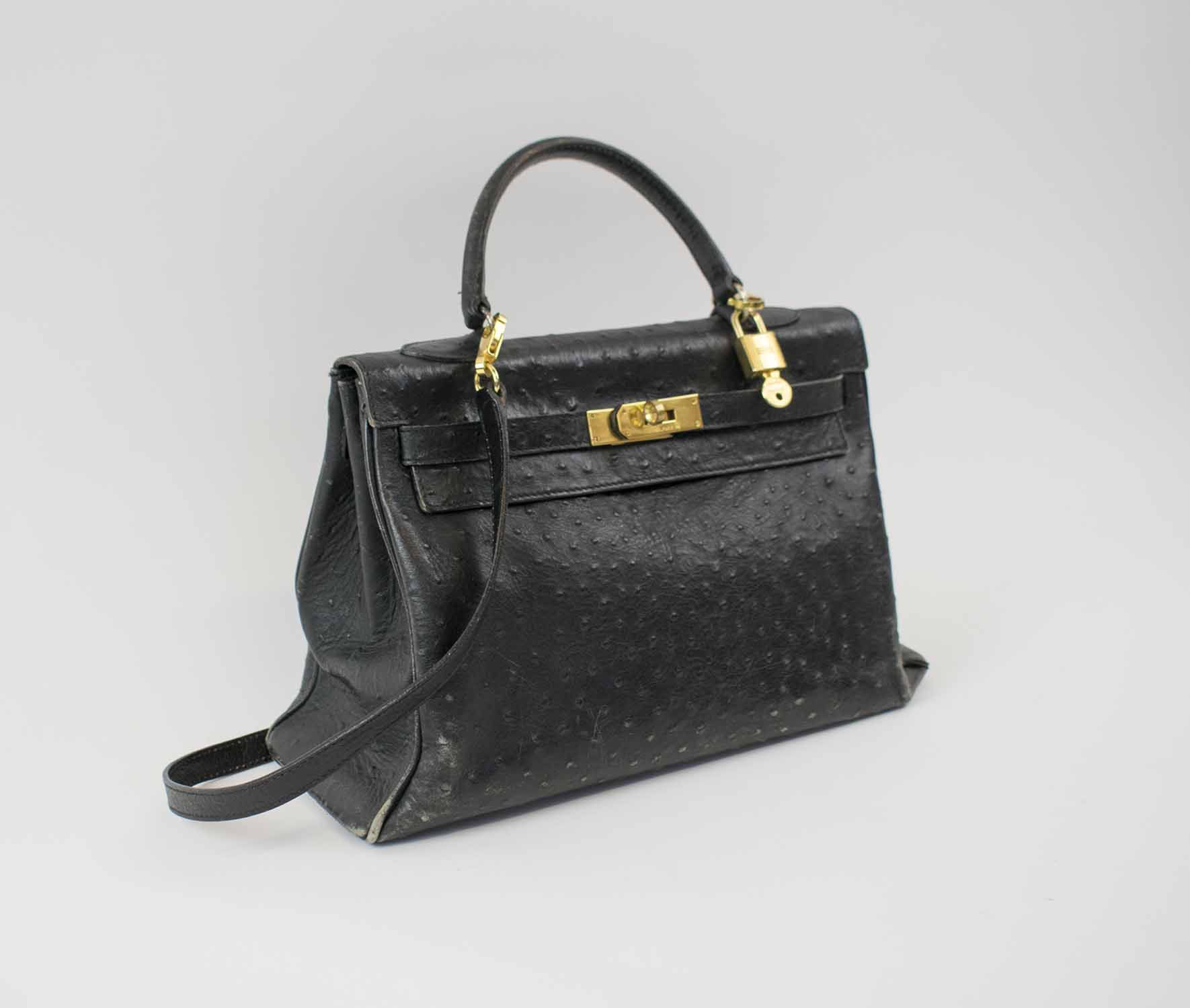 Hermes Black Ostrich 32 cm Kelly with Gold Hardware