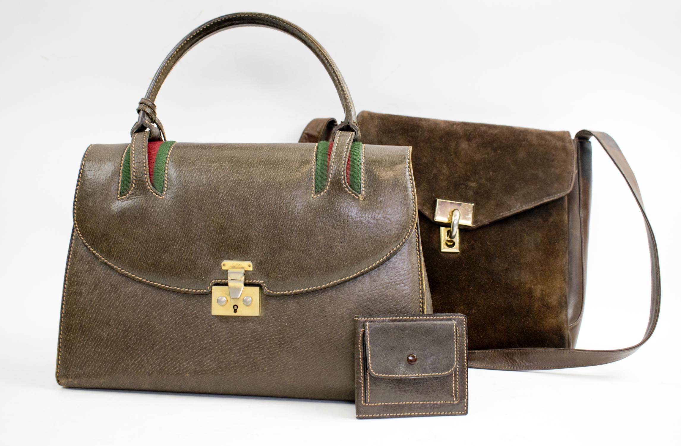 Vintage Gucci Leather Handbag with Carved Wood Handle
