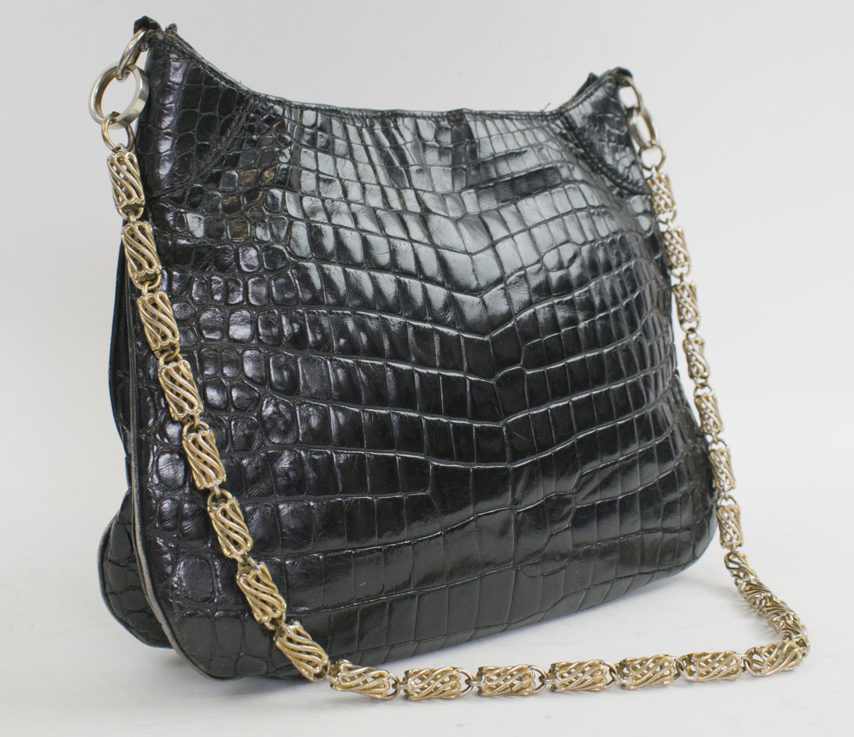 GUCCI VINTAGE CROCODILE BAGS, one with two top handles and flap closure,  gold tone hardware with back pocket, 24cm x 17cm and another demi lune form  with single chain strap and top