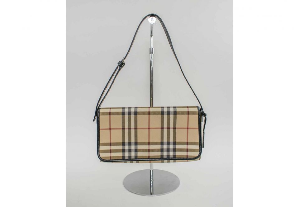 BURBERRY SHOULDER BAG, with iconic nova check pattern, black leather