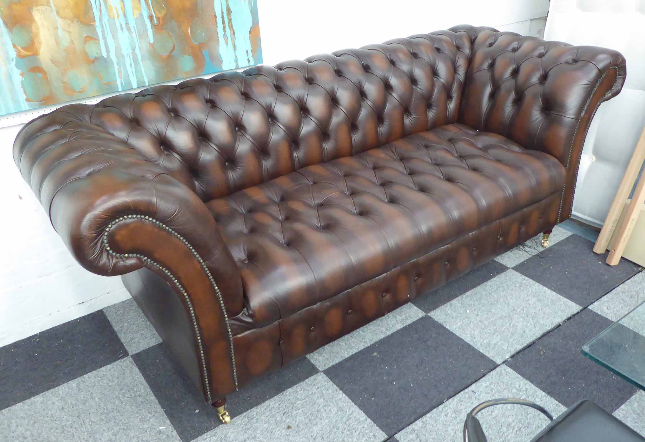  CHESTERFIELD  STYLE  SOFA  brown leather finish 215cm wide 