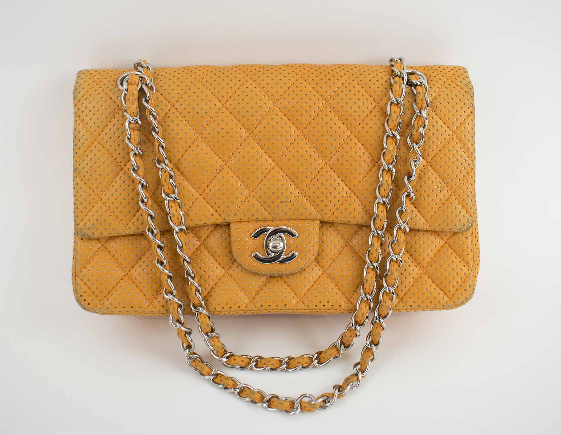 CHANEL LAMBSKIN PERFORATED DOUBLE FLAP BAG, with iconic diamond