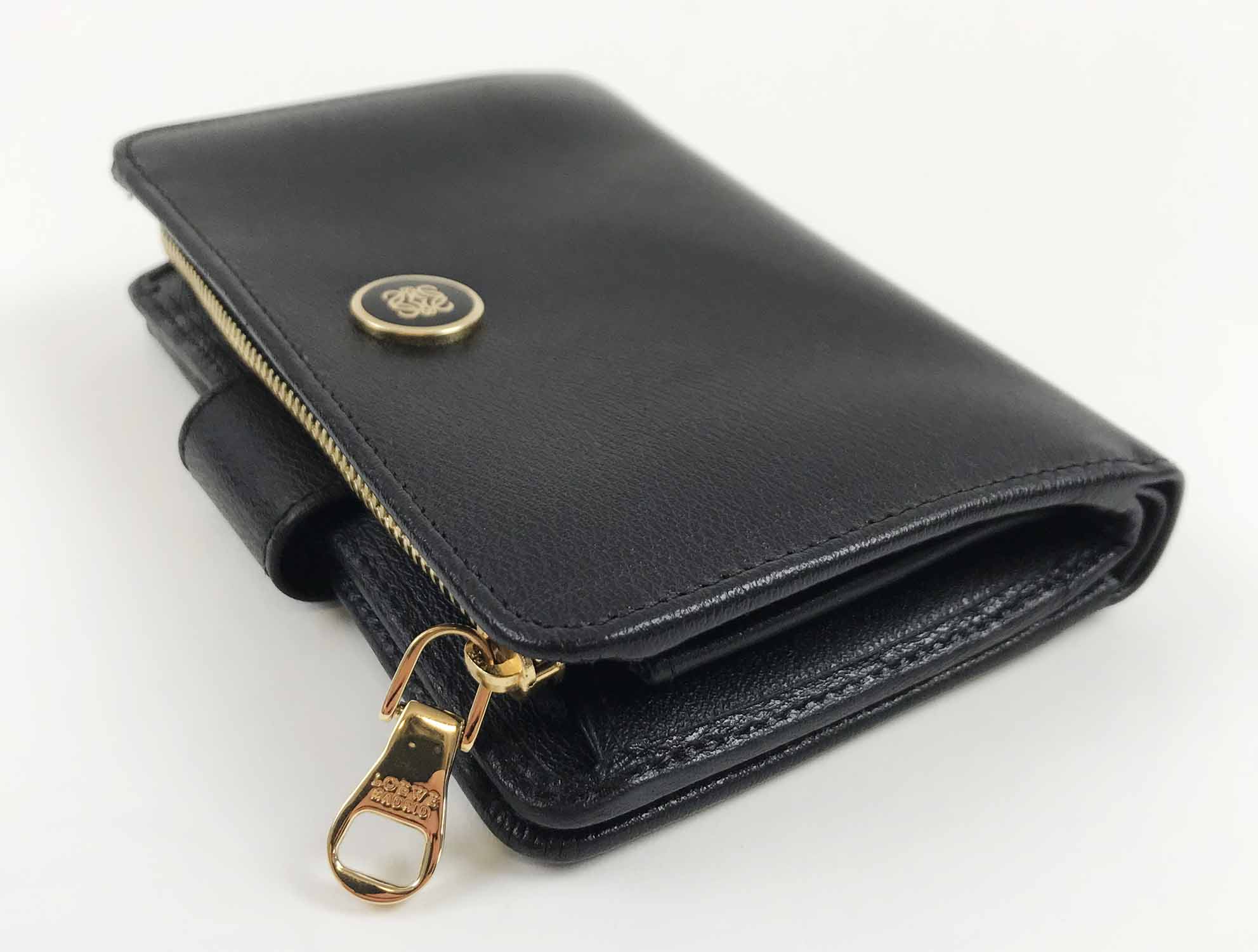 LOEWE WALLET, black leather with gold tone zip closure with two ...