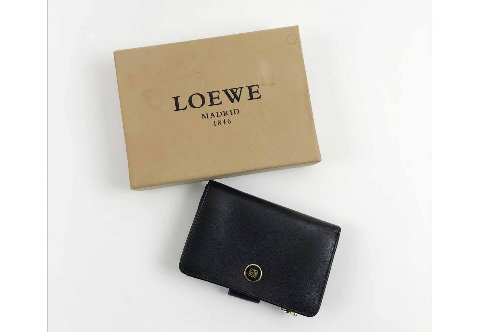 LOEWE WALLET, black leather with gold tone zip closure with two internal compartments, card