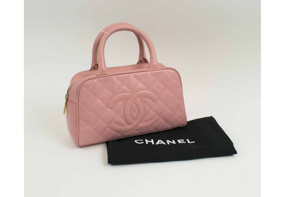 CHANEL BOWLING PINK BAG, two top handles with top zip closure, iconic CC  logo at the front, fabric lining with internal pocket, gold tone hardware,  authenticity card 2003/2004, with dust bag, 27cm
