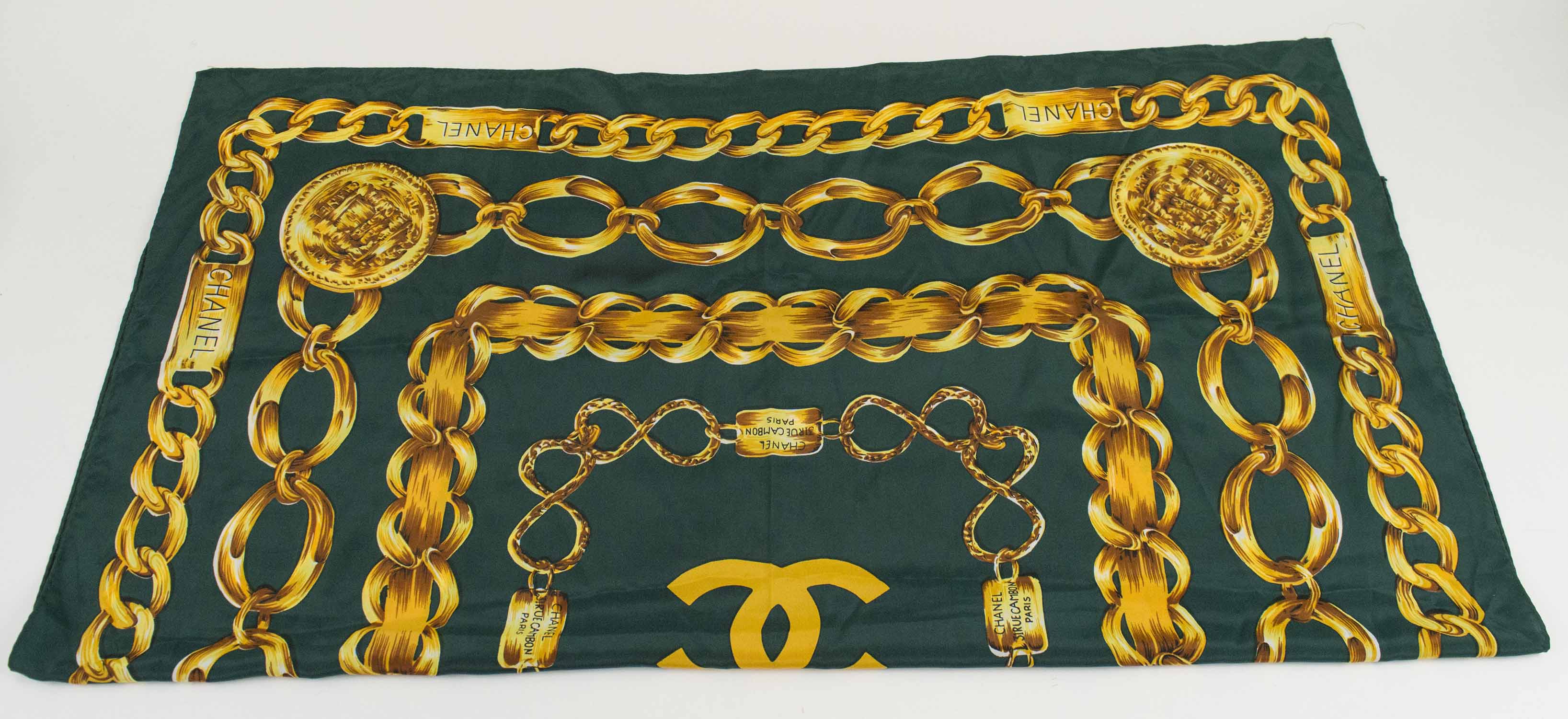 CHANEL RUE CAMBON VINTAGE SCARF, green with golden chain links