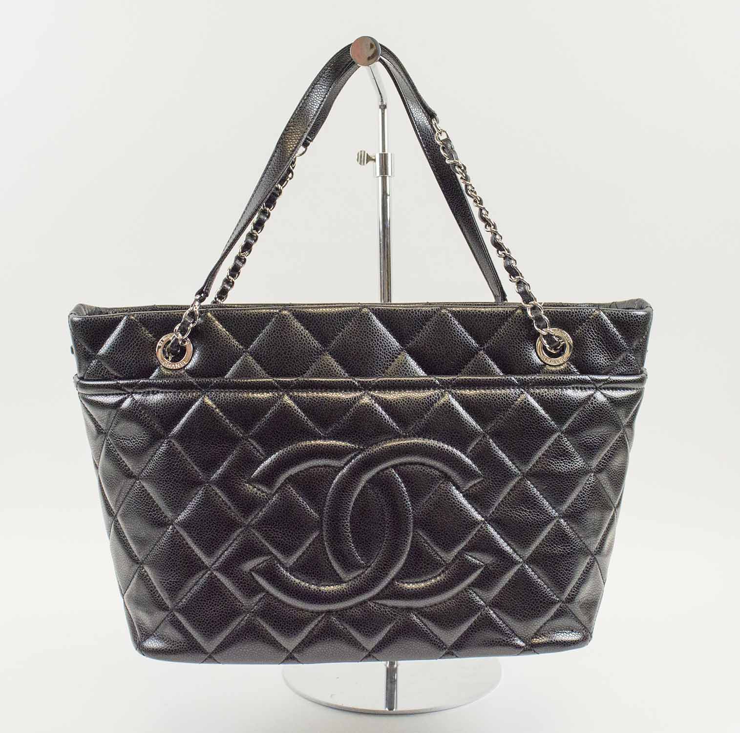 CHANEL SHOPPING TOTE BAG, black quilted grained leather, with