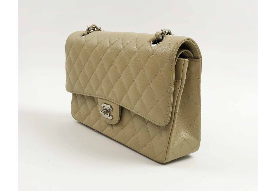 A WHITE CAVIAR LEATHER MEDIUM DOUBLE FLAP BAG WITH SILVER HARDWARE, CHANEL,  2005-2006