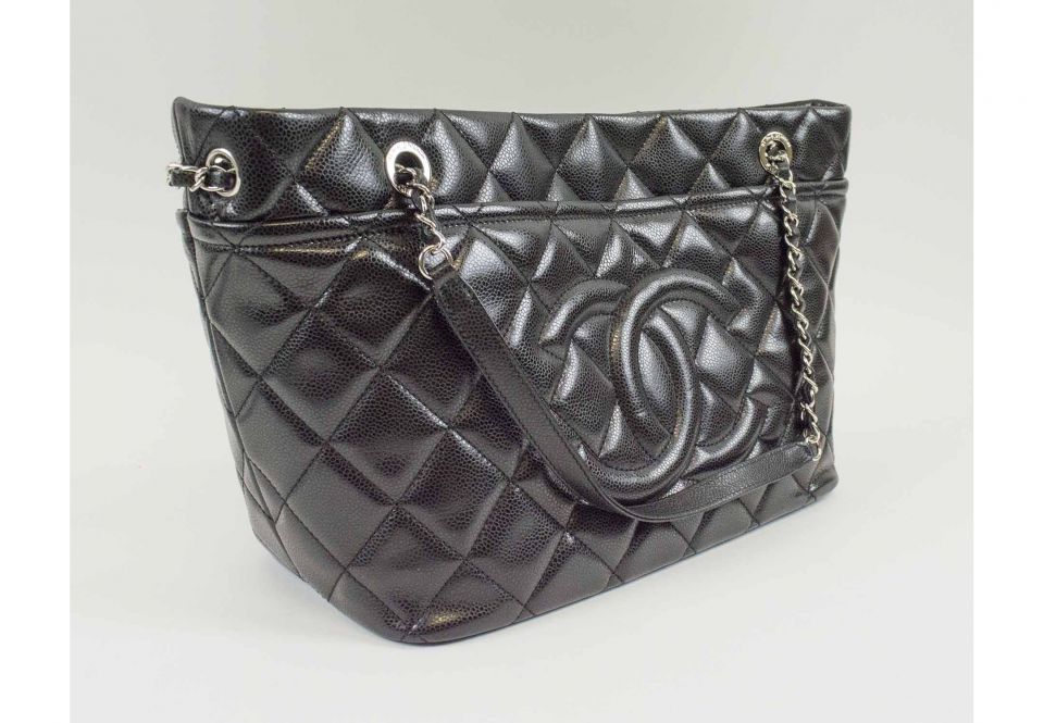 CHANEL SHOPPING TOTE BAG, black quilted grained leather, with silver tone  hardware, bottom feet, interwoven chain, one main big compartment with a  zippered pocket and one front and one back pockets, inside