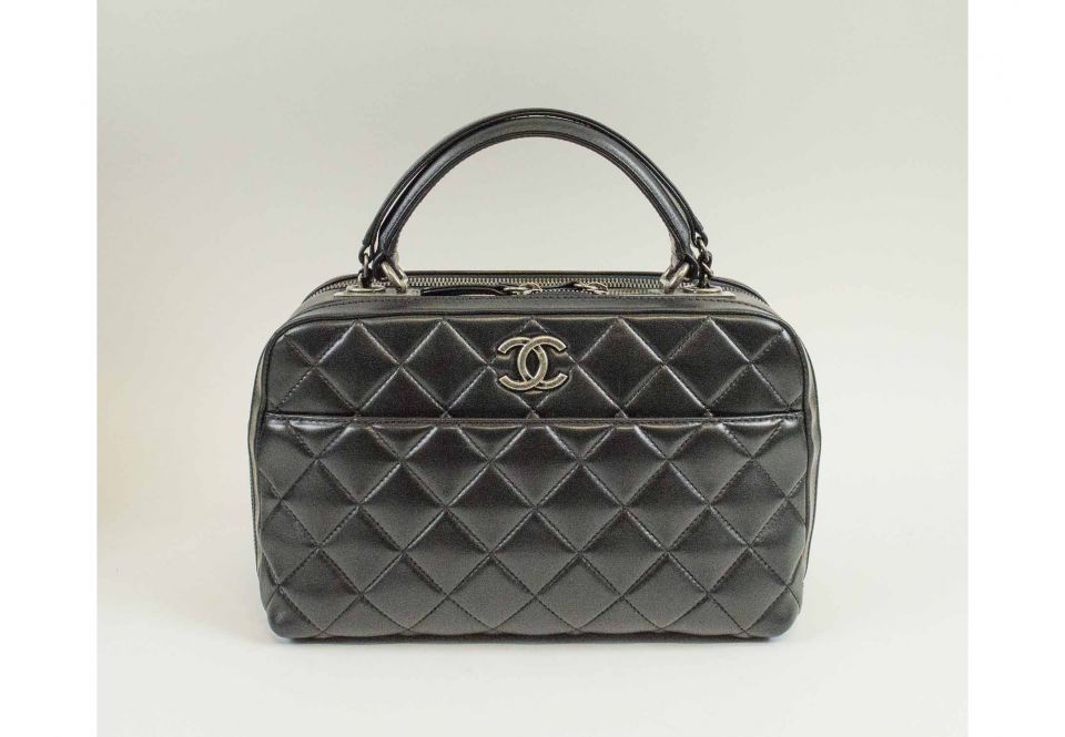 CHANEL BOWLING HANDBAG, black quilted leather with two main zippered ...