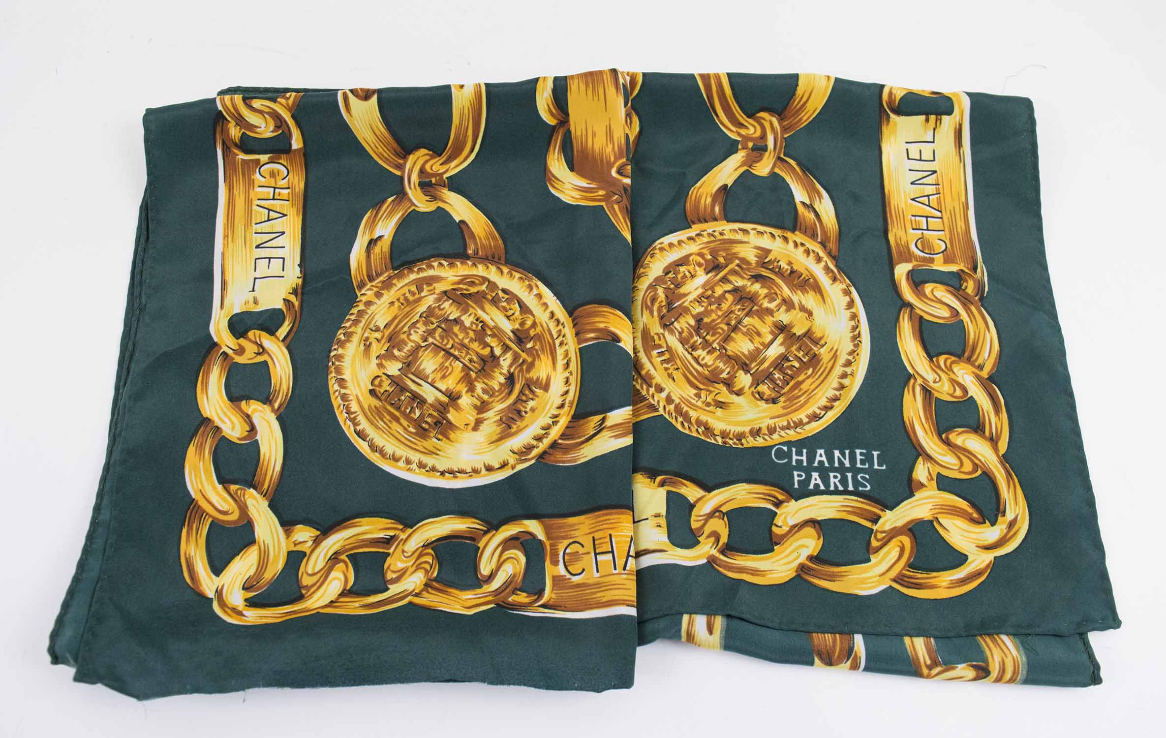 CHANEL RUE CAMBON VINTAGE SCARF, green with golden chain links pattern,  circa 1990s, silk, 86cm x 86cm.