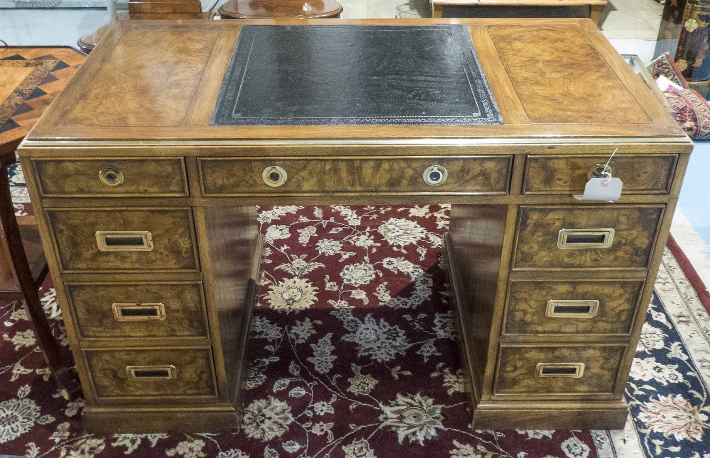 Pedestal Desk By Drexel American Campaign Style Burr Elm With