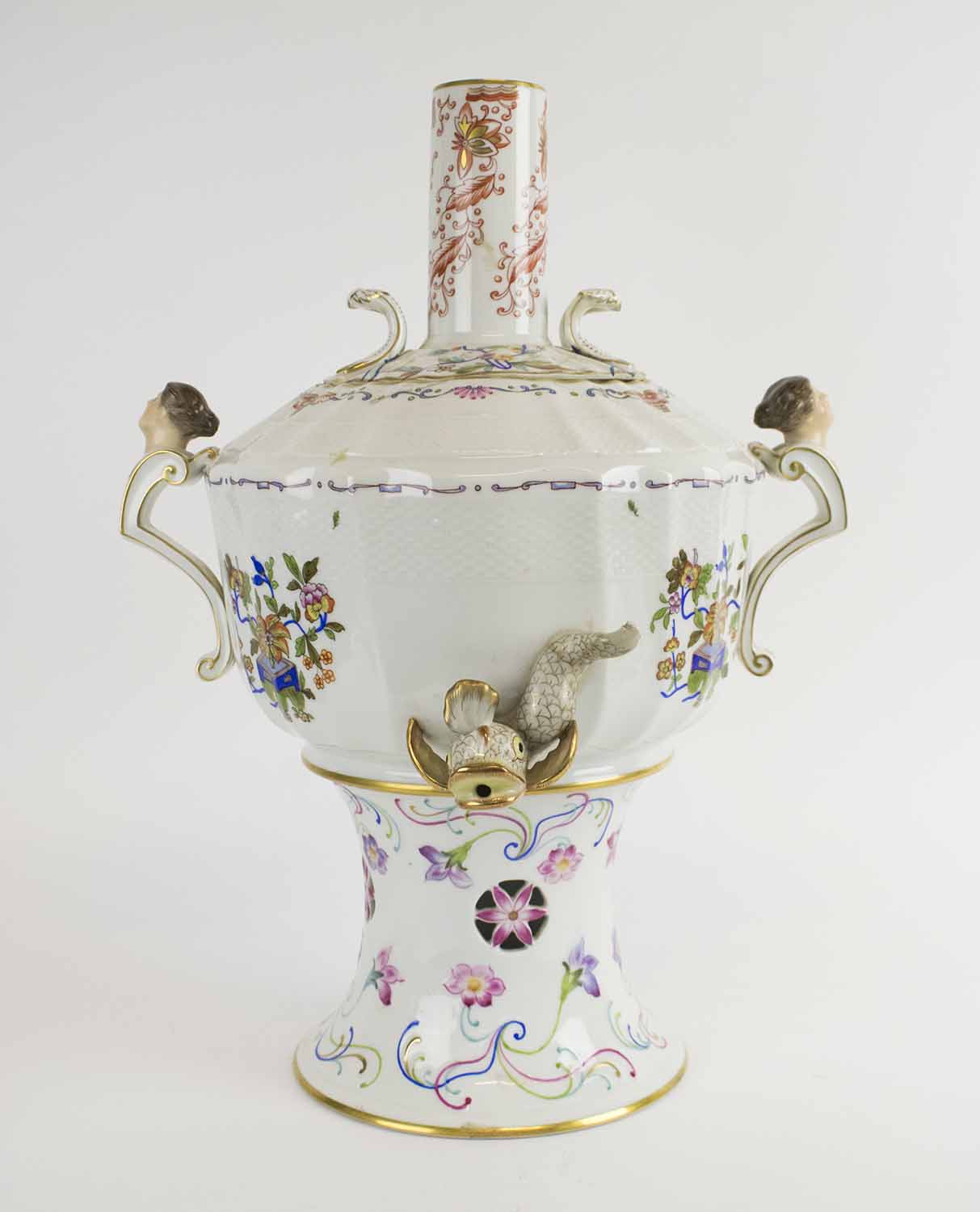 HEREND PORCELAIN SAMOVA, in four pieces with figural fish spout and ...