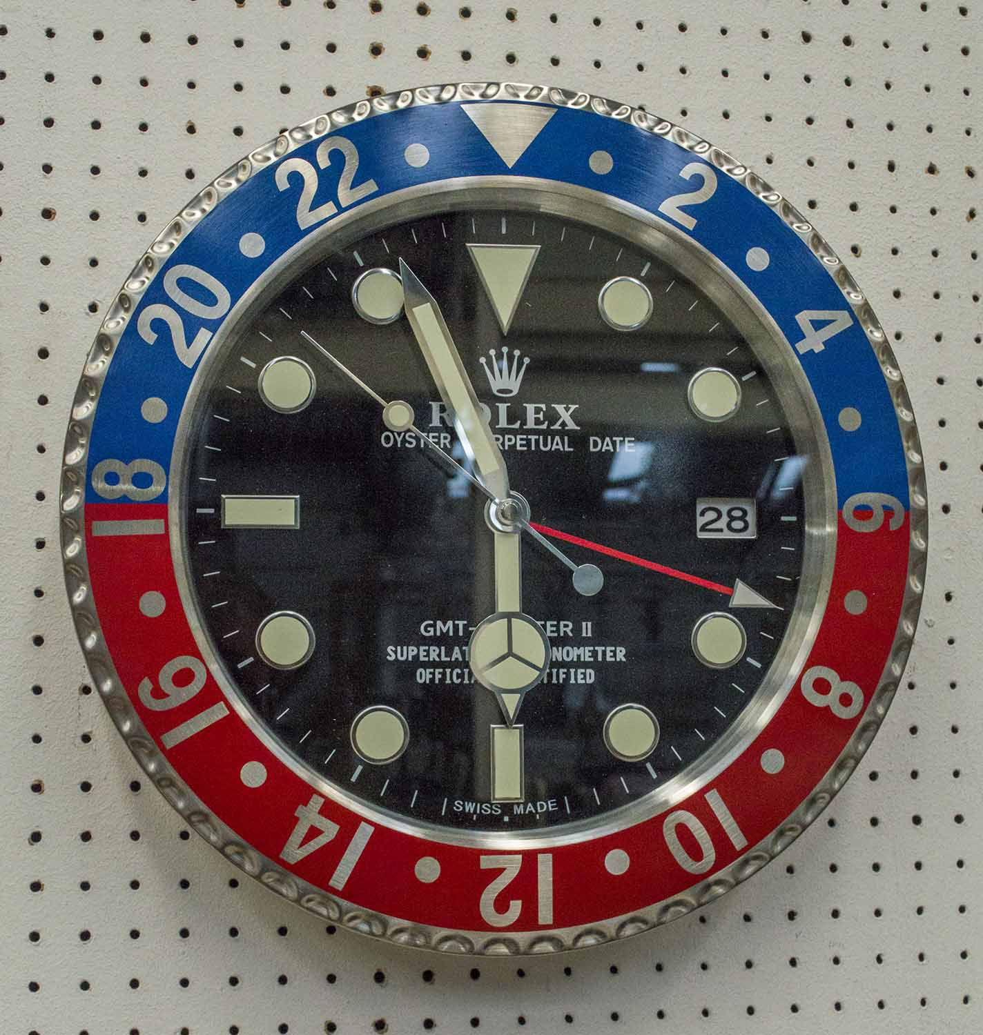 ROLEX STYLE WALL CLOCK, circular metal framed advertising timepiece, 34cm diam.