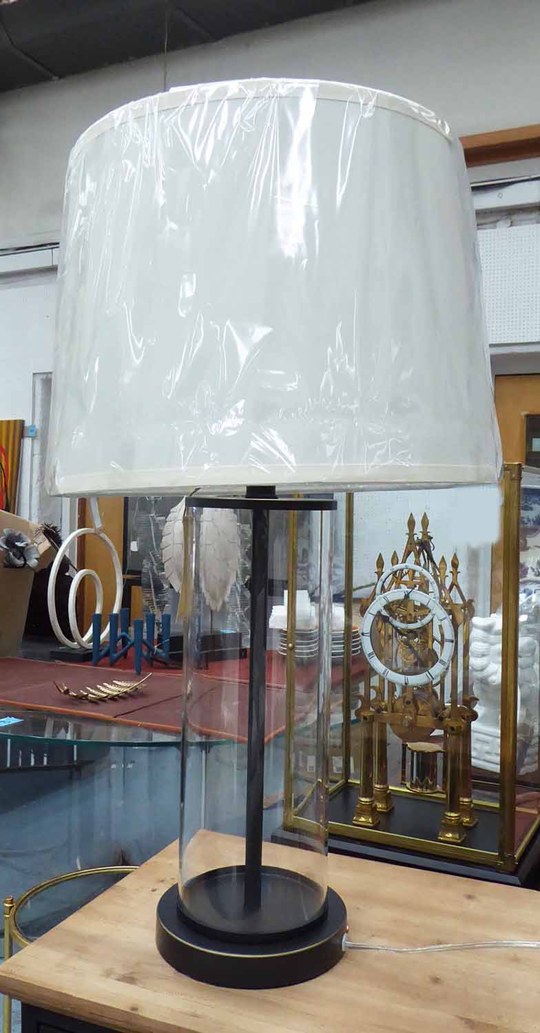 RALPH LAUREN TABLE LAMPS, a pair, glass cylinder with a black and brass