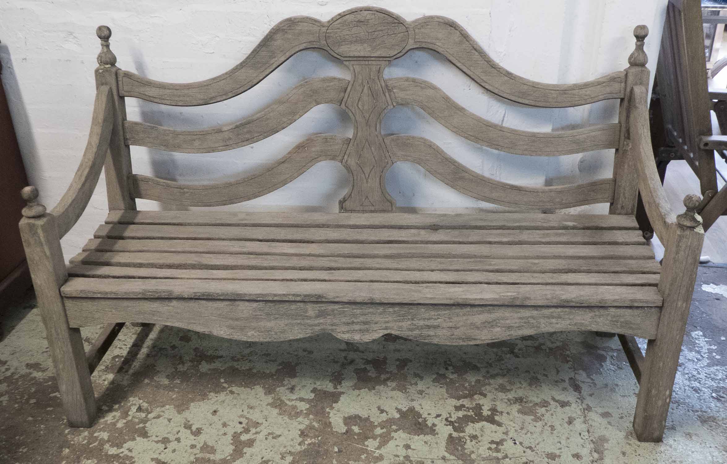 Garden Finial Bench Weathered Teak With Slatted Arched Back And