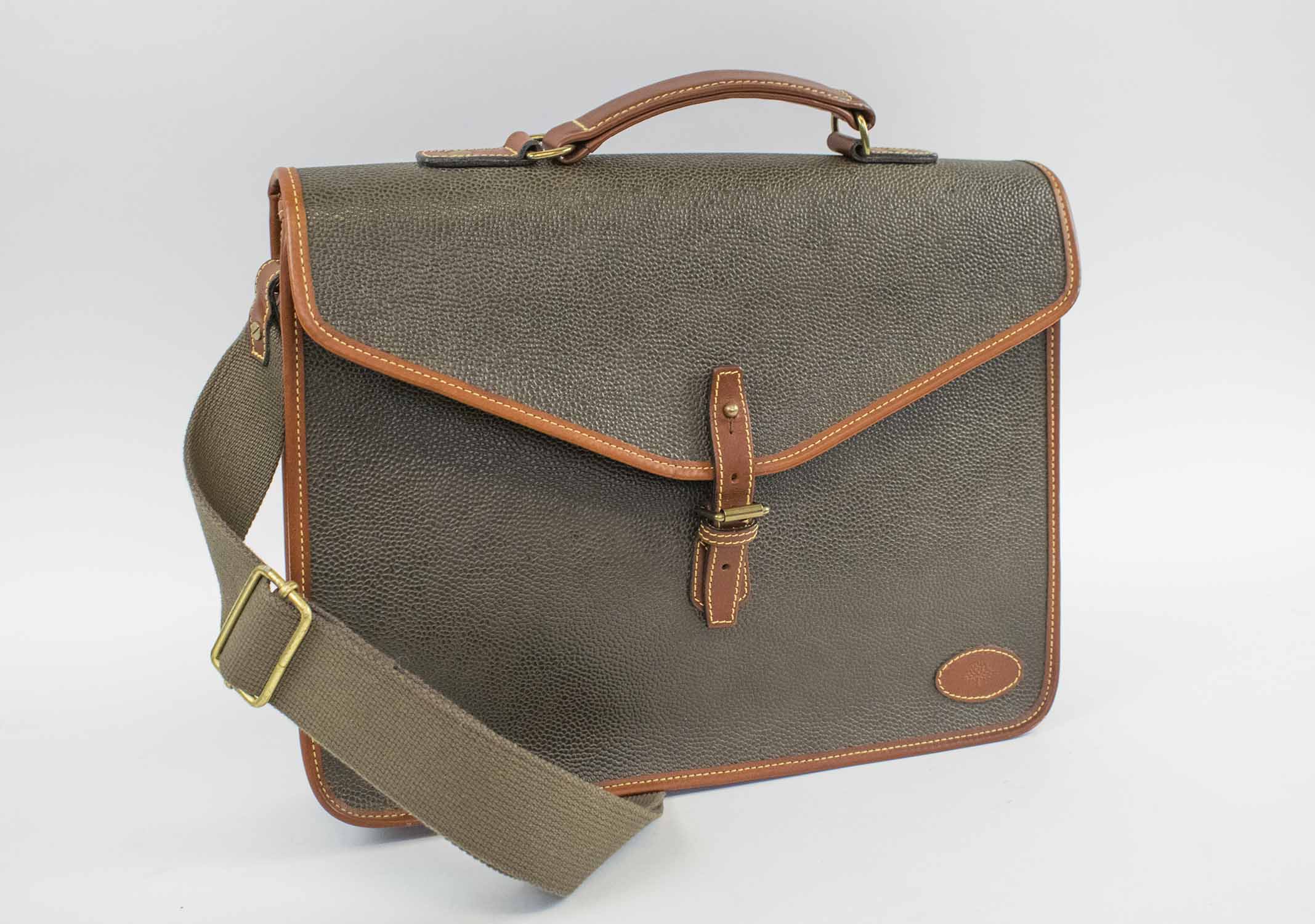MULBERRY VINTAGE BRIEFCASE/MESSENGER BAG, mole scotchgrain with cognac  leather trims and top handle, buckle to the front, fabric lining,  detachable and adjustable canvas strap, 38cm x 29cm H x 7cm.