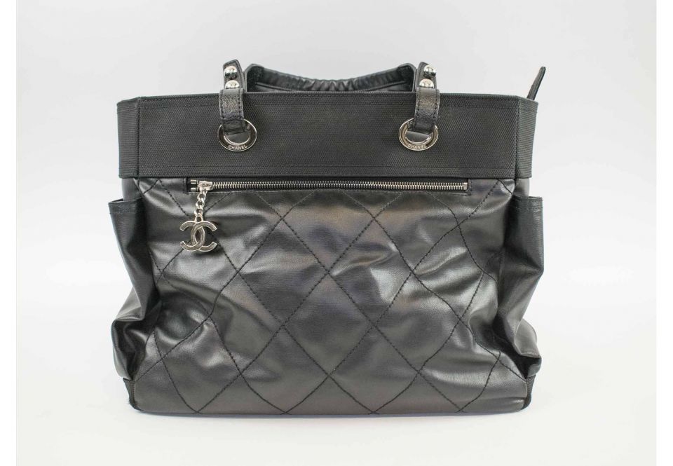 Chanel Quilted Paris Biarritz Tote MM Black Coated Canvas – Coco