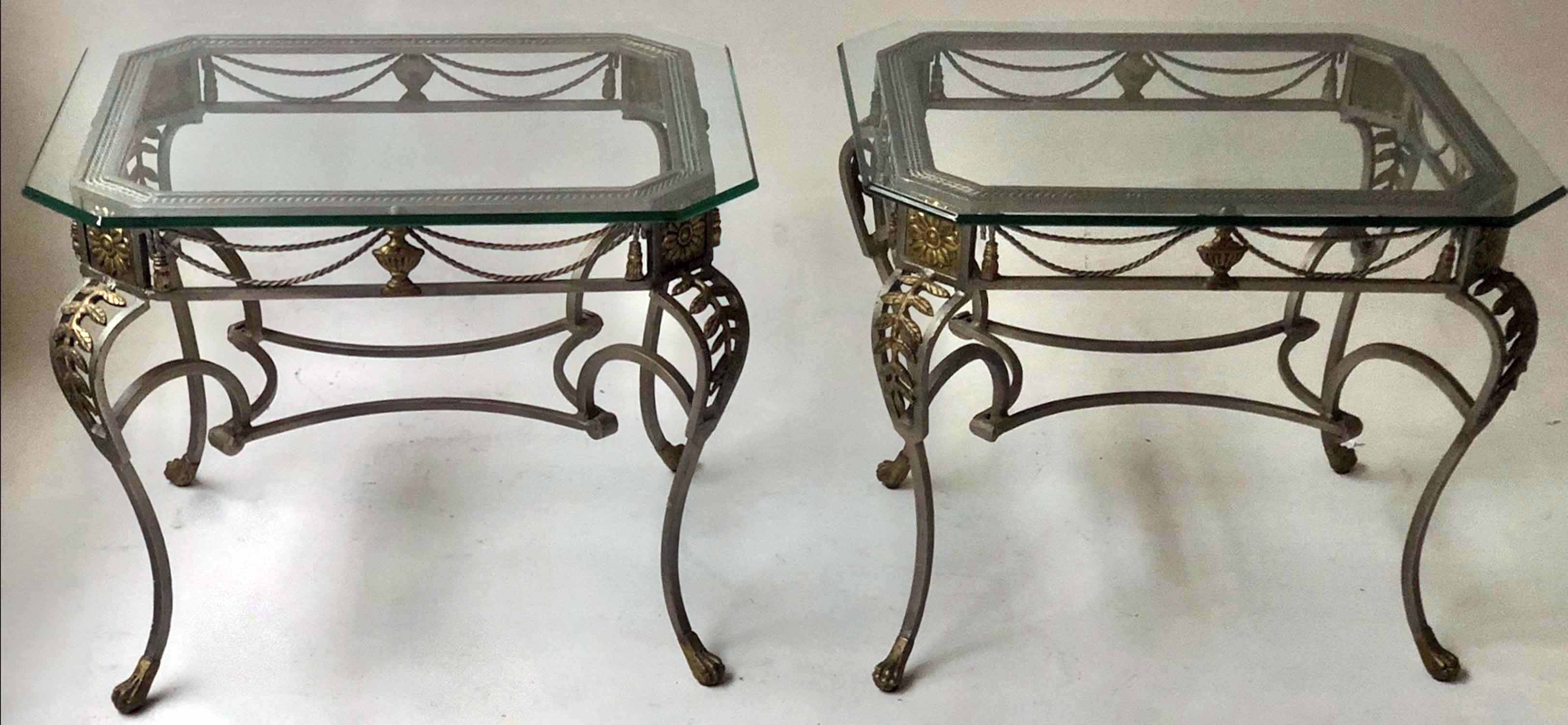 SPANISH LAMP TABLES, a pair, wrought iron and gilt metal each ...