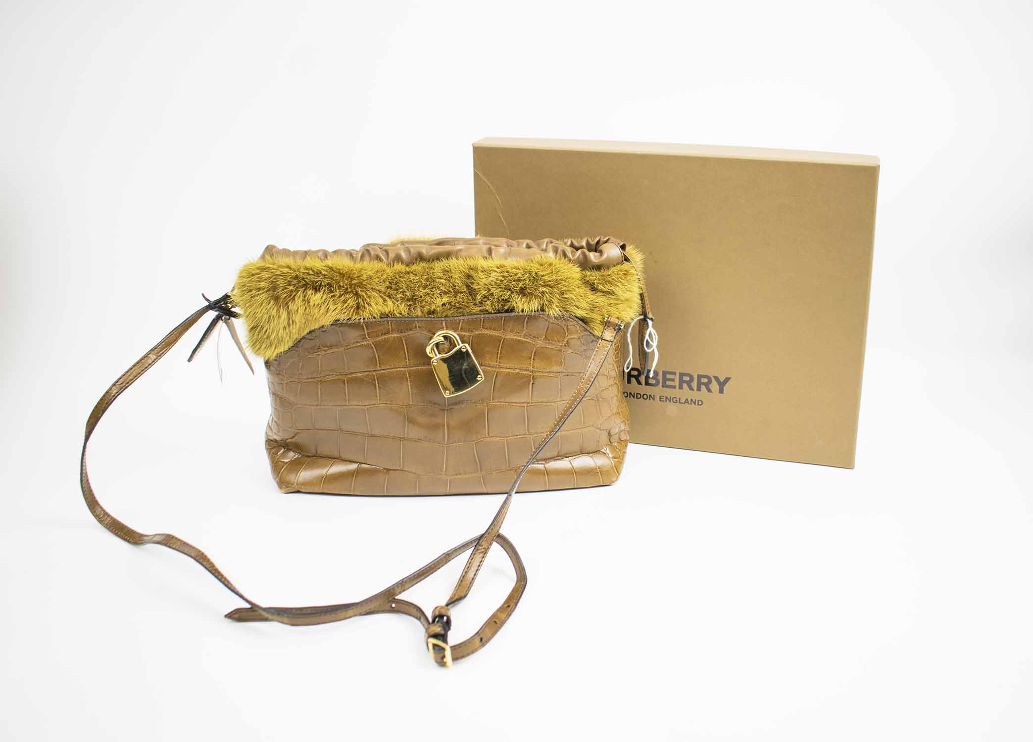BURBERRY 'THE LITTLE CRUSH' BAG, alligator body with gold mink fur trim and  gilt metal hardware, circa 2019, with detachable 50cm shoulder strap, 29cm  x 19cm H, with tags, dust bag and