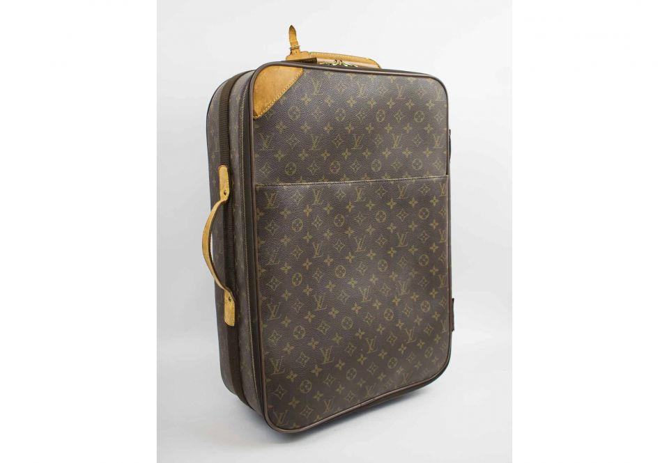 LOUIS VUITTON PEGASE 55 TROLLEY, monogram coated canvas with leather trims  and retractable top handle, front slip pocket and further zip pocket,  wheels, zip around closure and fabric lining interior with straps