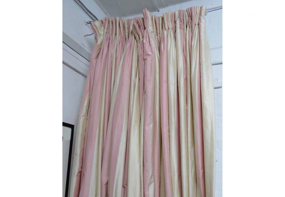 CURTAINS, two pairs, lined and interlined silk pink and white stripe ...