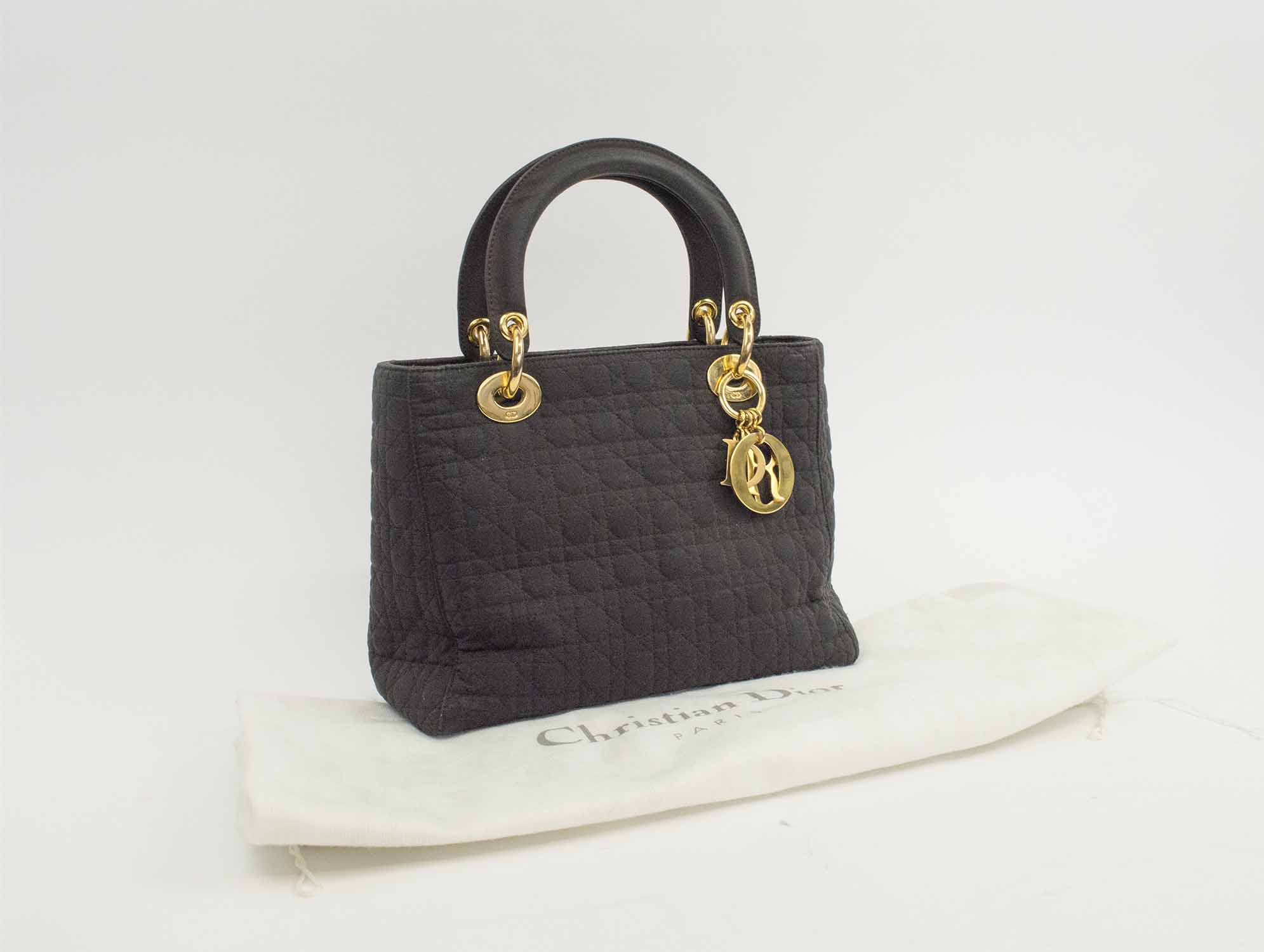 CHRISTIAN DIOR LADY DIOR, in quilt black fabric, gold tone hardware and