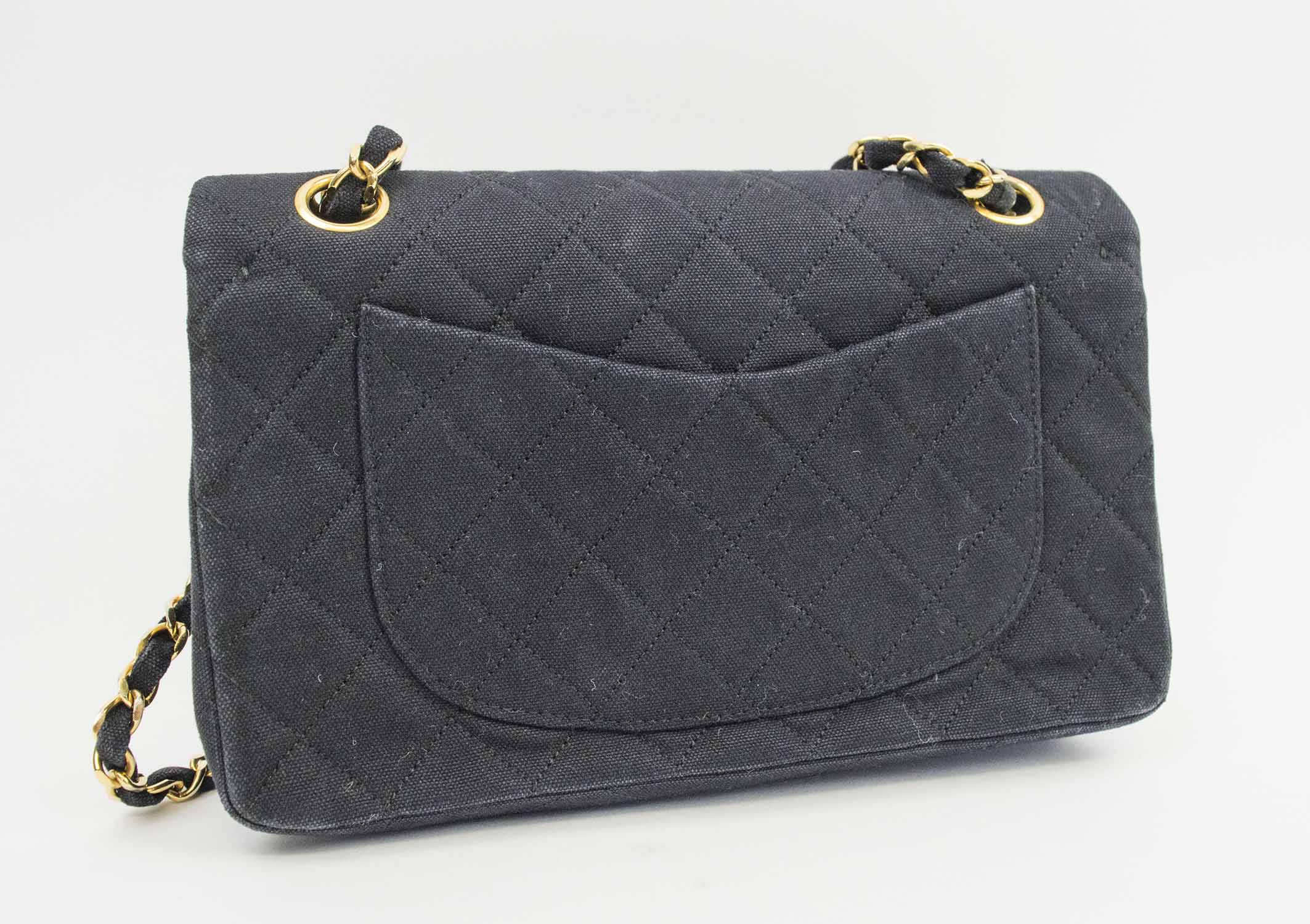 CHANEL CLASSIC FLAP BAG, black fabric with iconic burgundy leather