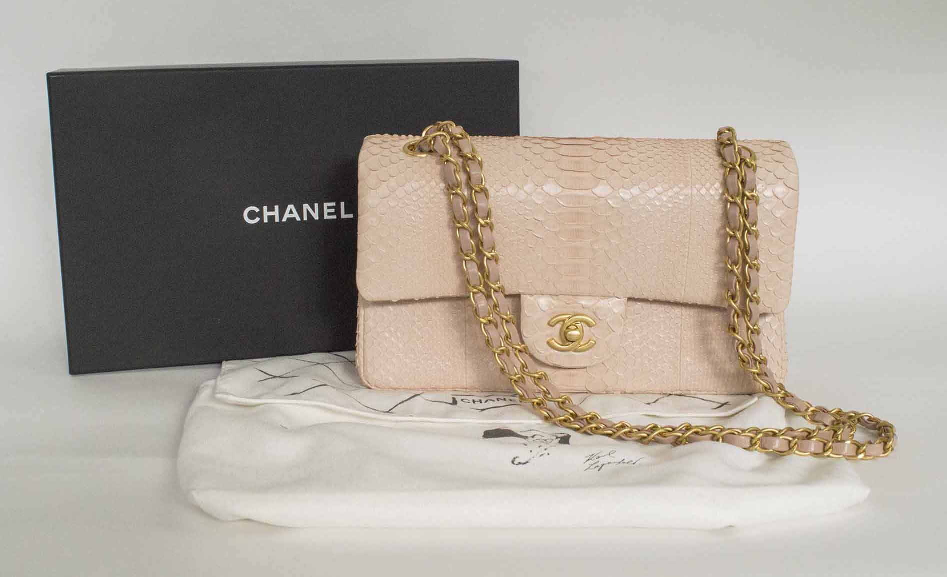 CHANEL CLASSIC FLAP BAG LIGHT PINK PYTHON, with interwoven brass and  leather chain, matching leather interior, flap top with iconic CC turn lock  closure, inside sticker 27086028, with box and dust bag