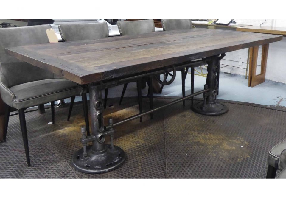 INDUSTRIAL STYLE DINING TABLE, with a rectangular reclaimed wooden top
